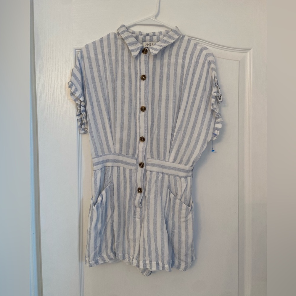 She + Sky White and Blue Stripped Romper Pockets S